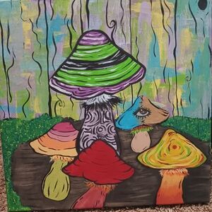 Whimsical Multicolor Mushroom Painting - Vibrant Green & Red Canvas Art